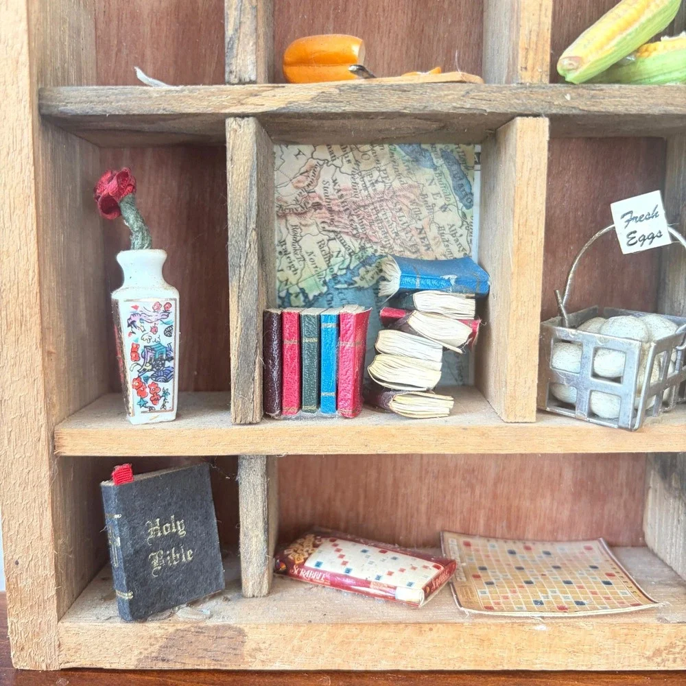 Vintage Wooden Shadow Box Miniature Country Kitchen Diorama Wall Hanging 8.5x7in